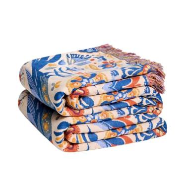 Imagem de LUTBM Cobertor Boho para sofá, cadeira, cobertores de algodão para quarto, sala de estar, todas as estações, macio, leve, reversível, floral, pássaro, bordado, mantas 127 x 152 cm
