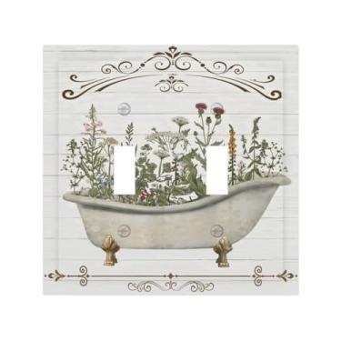 Imagem de Tulpock Capa de interruptor de luz floral rústica para casa de fazenda decorativa country de madeira branca botânica 2 gangues placa de parede com interruptor duplo para banheiro cozinha casa 12,7 cm