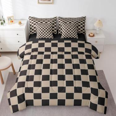 Imagem de Erosebridal Jogo de cama King xadrez geométrico, 7 peças, bege, preto, marrom, em uma bolsa com lençóis, quadriculado, para crianças, meninos, homens, conjunto de cama de estética moderna