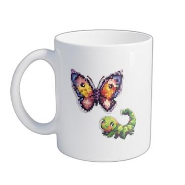 Imagem de Caneca Xícara de Café Porcelana 300ml Com Desenho Pixelado Borboleta E Lagarto