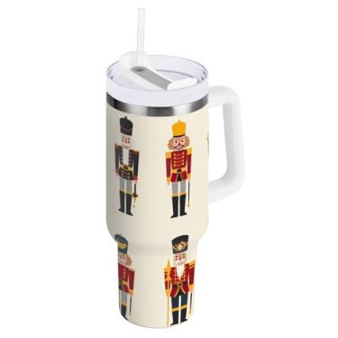 Imagem de Copo com isolamento duplo de 1,134 g com canudo e alça, soldados quebra-nozes Natal outono copo isolado