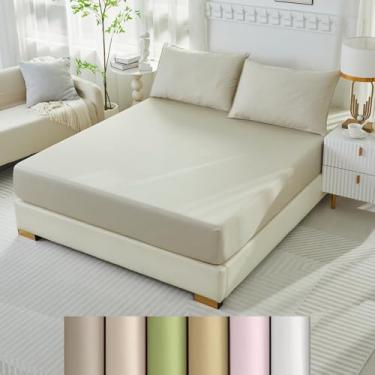 Imagem de Lençol King bege com elástico apenas com 2 fronhas, contagem de 1000 fios, bolso profundo de 45,7 cm, grau hoteleiro, lençol com elástico único (bege, tamanho King)