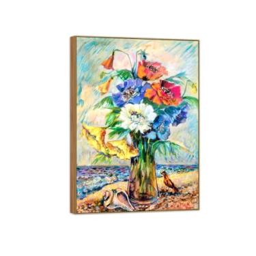 Imagem de BMZFYBS David Burliuk Famosas impressões em tela de arte de parede prontas para pendurar Flores na praia Pintura de moldura de madeira para decoração de sala de estar 70 x 100 cm 27 x 39 pol