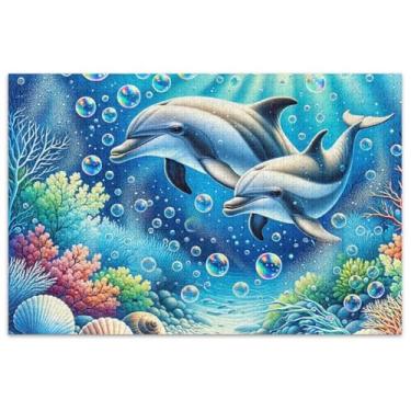 Imagem de Quebra-cabeça de fundo do mar com bolhas de golfinhos fofos, 500 peças, presentes para adultos para amantes de quebra-cabeças, paisagem, quebra-cabeça, brinquedo, arte