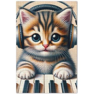 Imagem de Quebra-cabeça de gato piano fofo para adultos, 500 peças, arte animal, quebra-cabeças divertidos para adultos, presentes engraçados, 50 x 35 cm