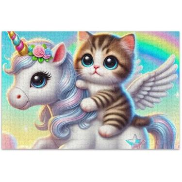 Imagem de Quebra-cabeças de gato unicórnio gatinho para adultos 1000 peças impressão de arte animal engraçada quebra-cabeça divertido engraçado, 75 x 40 cm