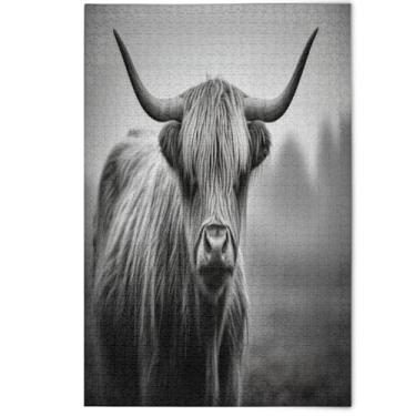 Imagem de Quebra-cabeça de 500 peças para adultos cenário decorativo arte animal preto branco vaca highland difícil quebra-cabeças divertidos elefantes brancos presentes, 500 peças, 52 cm x 37,8 cm