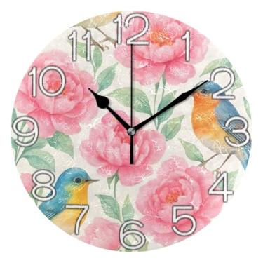 Imagem de GAIGEO Relógio de parede analógico decorativo operado por bateria relógio de cozinha fofo, decoração de parede vintage sala de estar pássaros flores rosa, 25 cm, ponteiros pretos