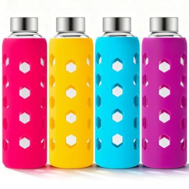 Imagem de Mrsdry Garrafas de suco de vidro com tampas e mangas de silicone 510 g, pacote com 4 garrafas de água de vidro transparente reutilizáveis com tampa hermética de aço inoxidável para sucos, geladeira