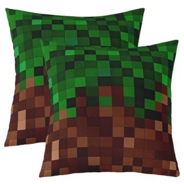 Imagem de Manfei Pixelated Capa de almofada infantil, capa de almofada dupla face para videogames, grade de patchwork, decoração de casa simples, verde escuro, marrom escuro, capa de almofada para sofá, 2