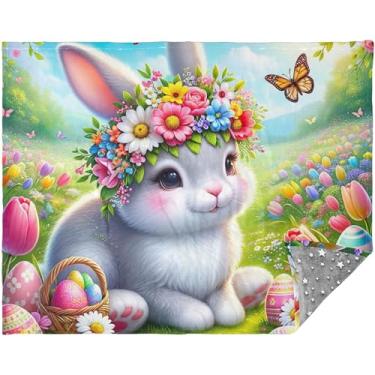 Imagem de Cobertores macios de coelho floral coelho da Páscoa para presente de sofá cobertores grossos para o inverno 177,8 cm x 139,7 cm impressos cobertores fofos personalizados