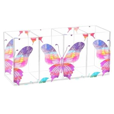 Imagem de TSENQUE Porta-canetas de mesa de desenho animado personalizado com borboletas coloridas, suporte de pincel de acrílico