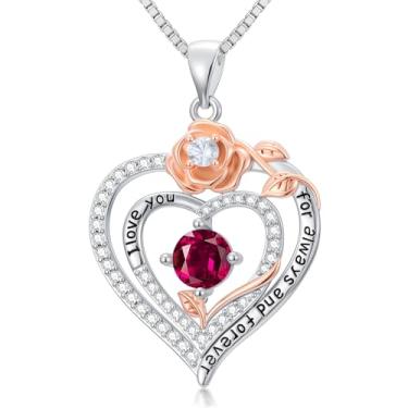 Imagem de WYDDO Colares de coração rosa para mulheres, mãe, pedra do mês de nascimento, pingente, aniversário, Natal, Dia dos Namorados, joias presentes para sua esposa, filha, mãe, One Size, Base, Pedra do mês