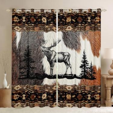 Imagem de Cortinas blecaute rústicas para quarto | Cortinas de janela de fazenda ocidental 2 conjuntos de painéis 96,5 cm L x 114 C, estampa de couro bovino, alce, animais de fazenda, campo, tratamentos de