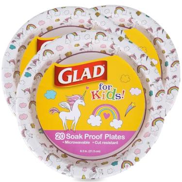 Imagem de Glad Pratos de papel descartáveis redondos com tema de unicórnio para crianças - resistentes, à prova de imersão, pratos para micro-ondas com design de unicórnios para todas as ocasiões, 21 cm, 20