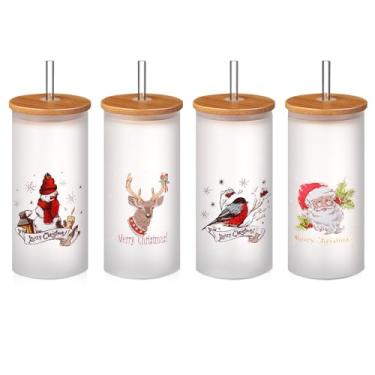 Imagem de Tioncy Conjunto de 4 peças de copos de vidro de Natal de 473 ml, copos de vidro com tampas, canudos, lata de cerveja, estilo rústico, Natal, férias, canecas, copos de café gelado, presente de Natal