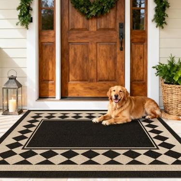 Imagem de JROSING Tapete de juta lavável quadriculado fácil 7,5 x 12,5 cm, preto quadriculado geométrico, para uso externo, pátio, pequeno, bordado, antiderrapante, fino, neutro, tapete para quarto, entrada