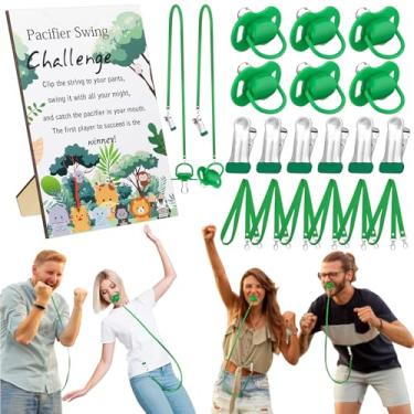 Imagem de Geelin 6 conjuntos de jogos engraçados de revelação de gênero com chupeta giratória, inclui 1 placa de madeira, 6 chupetas, 6 clipes, 6 cordões para chá de panela, revelação de gênero, lembrancinha de