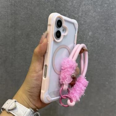 Imagem de HJZSZX Capa protetora magnética transparente com cordão de pelúcia para iPhone 16 ProMax (rosa)