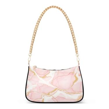 Imagem de Bolsa de ombro com corrente de veias de ouro branco rosa e branco, bolsa feminina Hobo com estampa artística, bolsa média para uso noturno ou diário