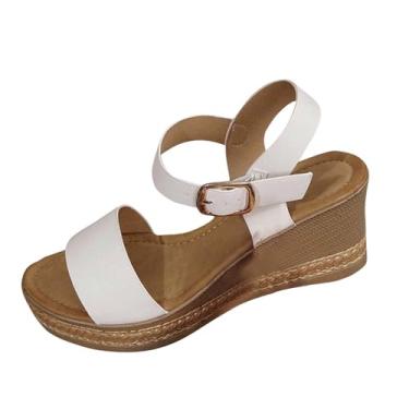 Imagem de Sandálias femininas modernas, casuais, versáteis, com fivela de boca de peixe, parte inferior grossa, estilo primavera e verão, salto plataforma, Branco, 34