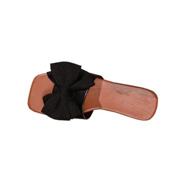 Imagem de Sandálias femininas modernas e casuais estilo verão cabeça quadrada cor sólida laço pano exterior desgaste exterior, Preto, 35