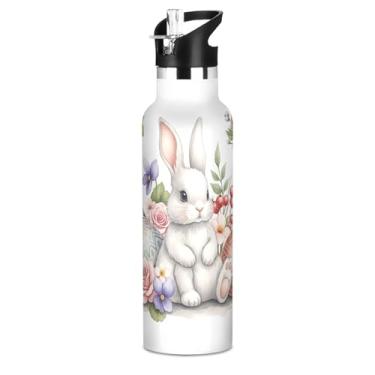 Imagem de Joisal Garrafas de água isoladas para meninas de 590 ml com tampa de palha, coelhinho fofo, flores de Páscoa, coelhos, garrafas de água esportivas de aço inoxidável com alça, copos infantis sem BPA