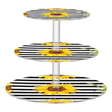 Imagem de Girassóis preto branco listrado 3 camadas suporte de cupcake para copo de festa, torre de bolo, suporte de acrílico para exibição de mesa de doces, graduação, rosa