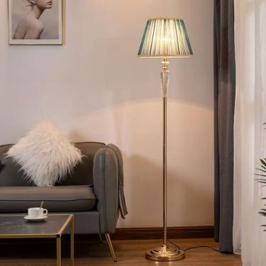 Imagem de Luminária de chão moderna em cristal e ferro com cúpula em tecido verde-esmeralda - 151 cm de altura. Iluminação elegante para sala de estar, quarto e escritório | Compatível com lâmpada E27