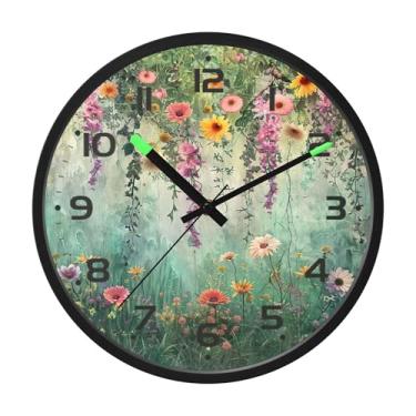 Imagem de SEHANY Relógio de parede vintage com flores de videira silencioso, sem tique-taque, relógio redondo operado por bateria, controle de som, luz noturna, relógios de parede para sala de estar, cozinha