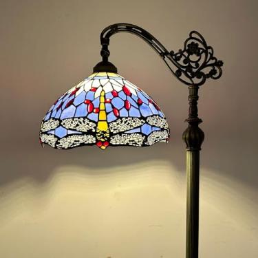 Imagem de Luminária de chão estilo Tiffany com libélula em vitral, 30x45x160 cm, haste flexível ajustável, para leitura em cantos, ideal para quarto e sala de estar, azul B.