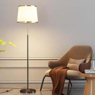 Imagem de Abajur de chão com cúpula de tecido, luminária de chão de metal polido, luminária de leitura alta para sala de estar, decoração de interiores, luminária vertical moderna e elegante com inter