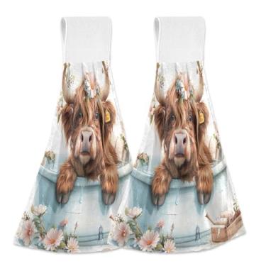 Imagem de Toalhas de mão de vaca Highland para banheira com laço para pendurar, 2 pacotes de toalhas de cozinha de lã coral macia, toalhas de prato absorventes de secagem rápida para casa, banheiro, decoração