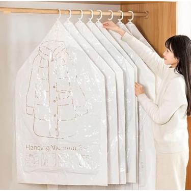 Imagem de Pacote com 2 sacos de armazenamento a vácuo pendurados que economizam espaço - Grande 90 cm x 70 cm para ternos, casacos e jaquetas (comporta 5 itens) - Organizador de armário reutilizável com gancho