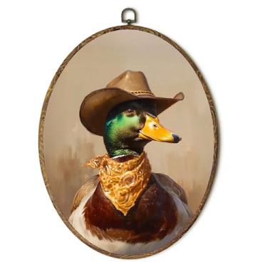 Imagem de laveliabel Decoração de parede vintage em tela oval de pato selvagem, impressão em tela emoldurada de caça do país ocidental, chapéu de caubói ocidental, decoração de parede oval para pendurar em casa