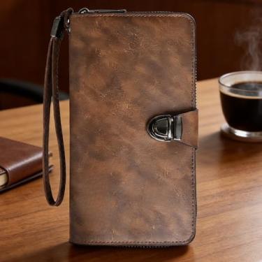 Imagem de Carteira masculina, botão de pressão de couro longo funcional e carteira com zíper com recurso seguro, organizador prático de transporte diário de grande capacidade (café escuro)