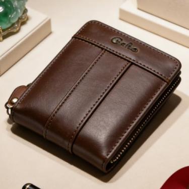 Imagem de Carteira masculina de couro curta com zíper, organizador clássico de couro com zíper (marrom escuro)