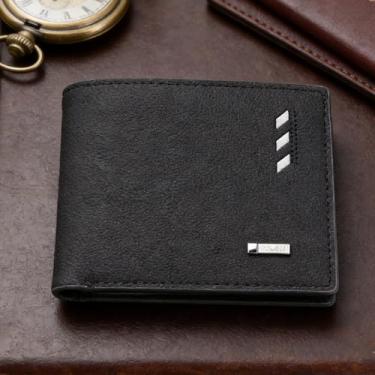 Imagem de Carteira masculina dobrável de couro curta, transporte diário simples (preto)