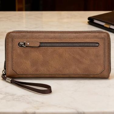 Imagem de Carteira masculina retrô marrom escuro com estampa de couro legítimo resistente à água, design longo retrô com alça, estampa de tecido, sensação de couro legítimo, resistente à água