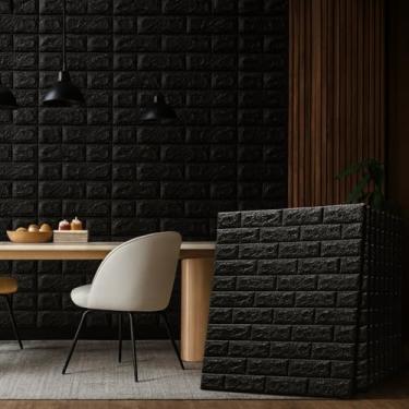 Imagem de Kit Placas Adesiva Tijolinho 3D Revestimento Autocolante Decoração Quarto Sala Banheiro Impermeável (Kit 10 Placas Adesivas Tijolo Preto, 70x77)