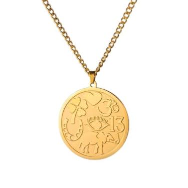 Imagem de Dtja Colar feminino com pingente de moeda amuleto redondo da sorte banhado a ouro 18K de aço inoxidável elefante olho turco trevo padrão medalhão pingentes corrente de elos ajustáveis joias 58-61 cm