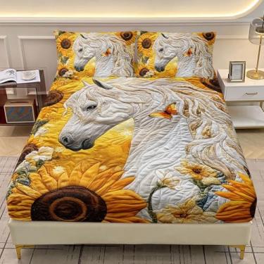 Imagem de AILONEN Jogo de lençol solteiro de cavalo branco e girassol GG para crianças, meninas, lindo cavalo floral amarelo, lençol com elástico com 2 fronhas, 3 peças