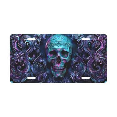Imagem de Placa decorativa de arte de caveira vibrante. Placa de metal para carro. Etiqueta de vaidade. Placa de alumínio Noverlty à prova d'água Colorfast 30 x 15 cm