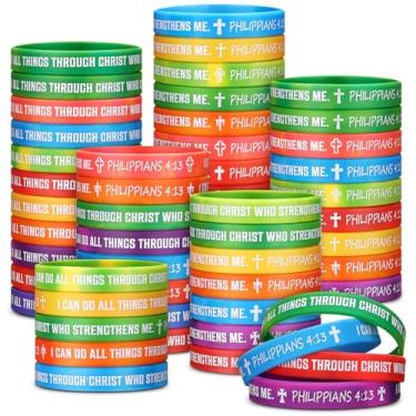 Imagem de PullCrease 50 pulseiras I Can Do all Things Through Christ a granel 10 estilos arco-íris Filipenses 4: 13 pulseiras de silicone cruz cristã presente para escola bíblica grupo igreja