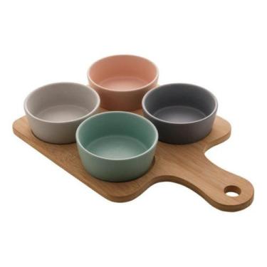Imagem de Conjunto 4 Petisqueiras Ceramica Com Bandeja De Bambu Lyor