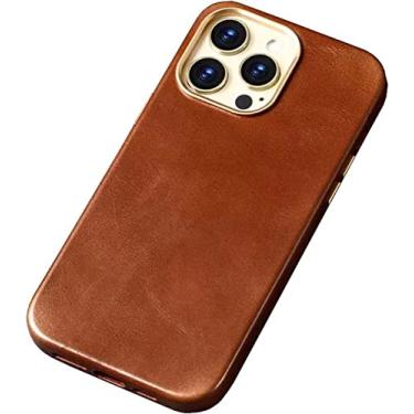 Imagem de ZEDEVB Capa traseira de telefone de couro de vaca de cera de óleo, para Apple iPhone 14 Plus 2022 capa retrô resistente a arranhões [carregamento sem fio] (cor: marrom)