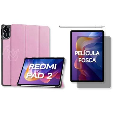 Imagem de Capa para Xiaomi Redmi Pad 2 – Kit Opcional com Película e Caneta - Case Rígida Magnética, Função Sleep/Wake e Suporte Integrado (Rosa-claro, Capa + Película Fosca + Caneta PREMIUM)