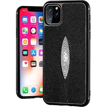 Imagem de FULNES Luxuosa capa de telefone traseira totalmente embrulhada, para Apple iPhone 14 Pro Case 6,1 polegadas 2022 capa de couro de peixe pérola com forro de microfibra (Cor: Preto)