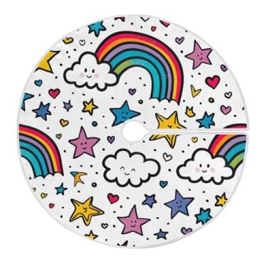 Imagem de Wassud Saia de árvore de Natal, arco-íris e estrelas, enfeites de Natal, decoração de árvores, tapete de árvore para decoração de festa de ano novo, 90 cm