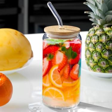 Imagem de Copo de Vidro Borossilicato 500ml com Tampa de Bambu - Canudo de vidro ou de plástico – Ecológico, Reutilizável, Hermético e Elegante para Bebidas Frias e Quentes (Canudo de Plástico)